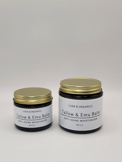 Luna B Organics Tallow and Emu Balm in 2 oz and 4 oz jars