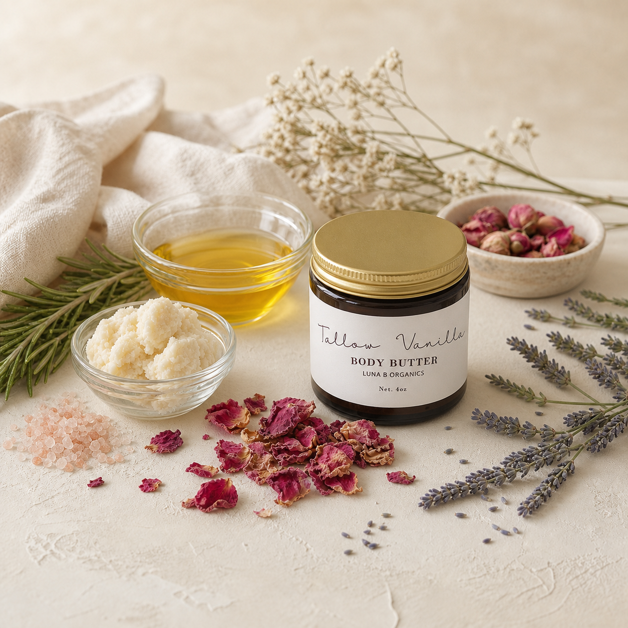 Luna B Organics Tallow Vanilla Body Butter with rose, rosemary, lavender, botanical oil and natural butter