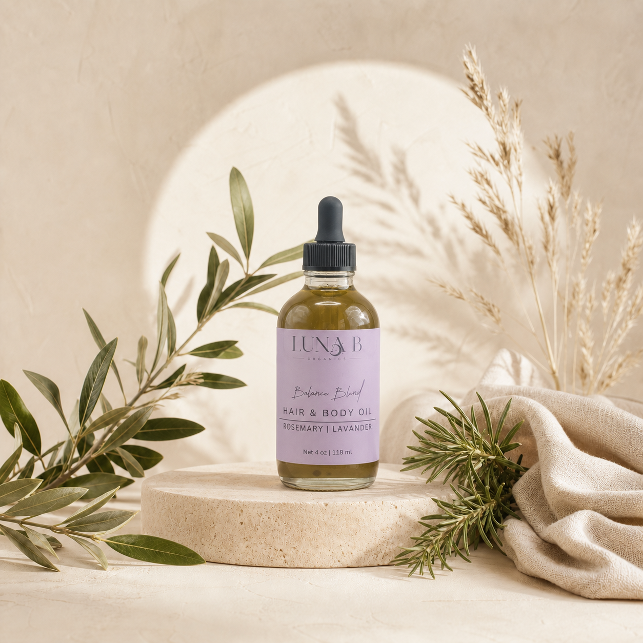 Luna B Organics Rosemary and Lavender Hair and Body Oil with rosemary, leaves and natural linen