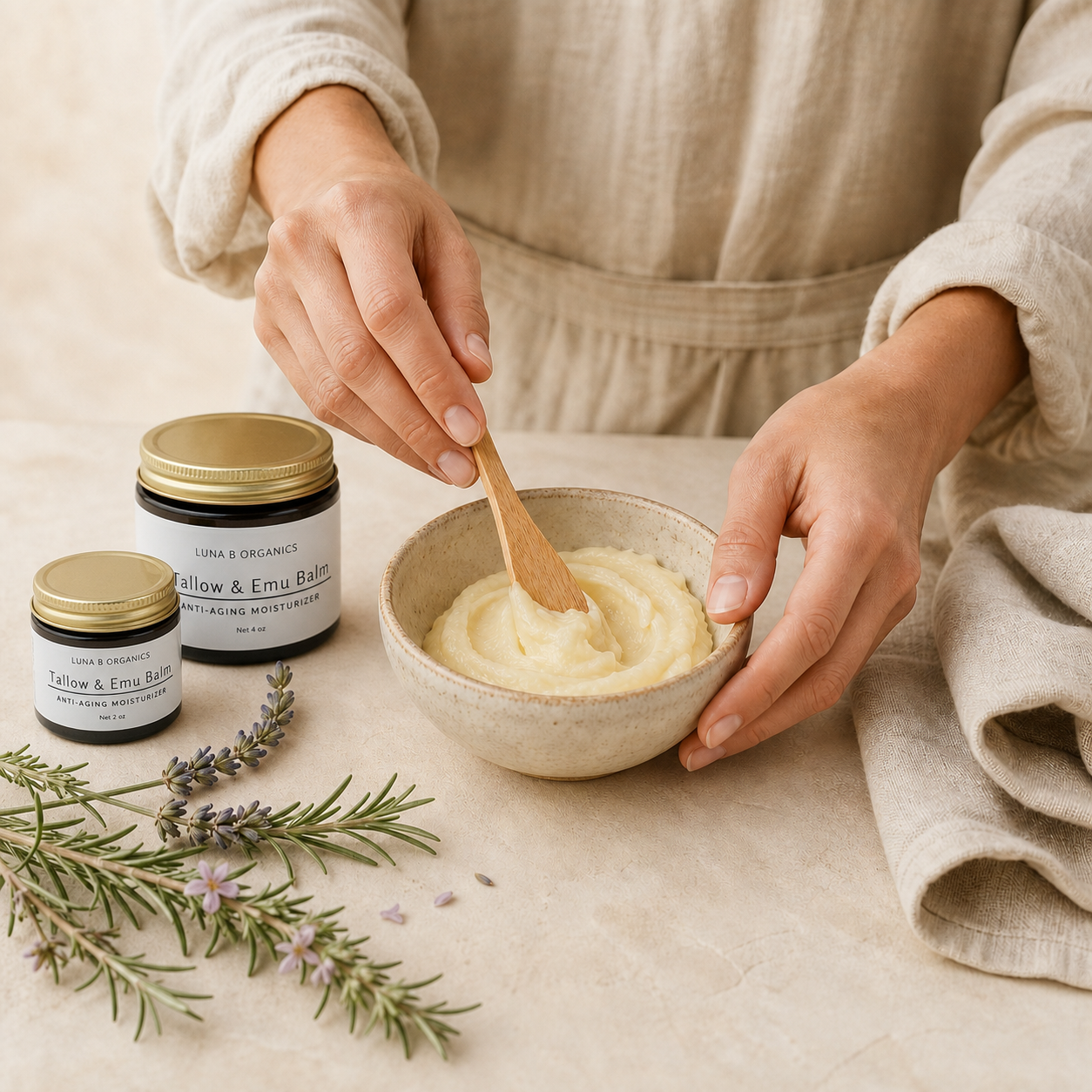 Luna B Organics Tallow and Emu Balm jars beside a small batch of balm being handcrafted